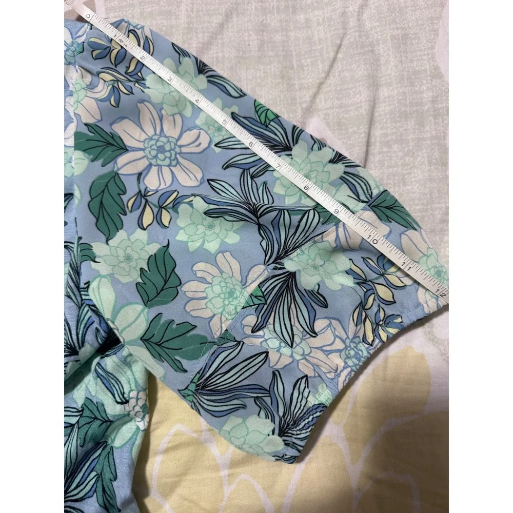 LOFT Floral Puff Sleeve Top Light Blue Green White Women's Medium M